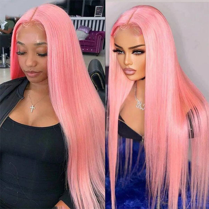 ALIGLOSSY Pink Color 13x4 Lace Front Straight Human Hair Wig HD Transparent Lace Human Hair Wigs