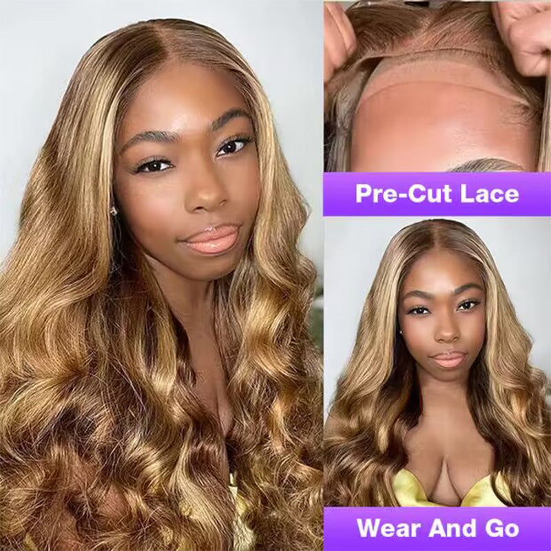 ALIGLOSSY Glueless Wear Go 5x5 4x4 Pre Cut Lace Wig P4/27 Highlight Body Wave HD Lace Closure Wig Beginner Friendly