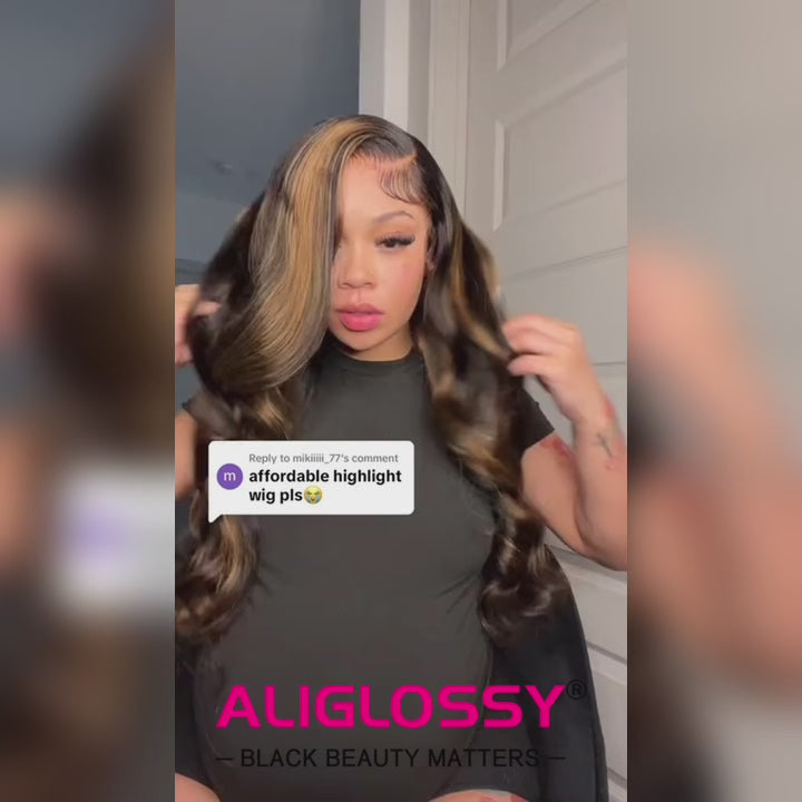 ALIGLOSSY 180 Density 13x6 Highlight Body Wave Lace Front Wig 1b/30 Wavy HD Transparent Human Hair Wigs