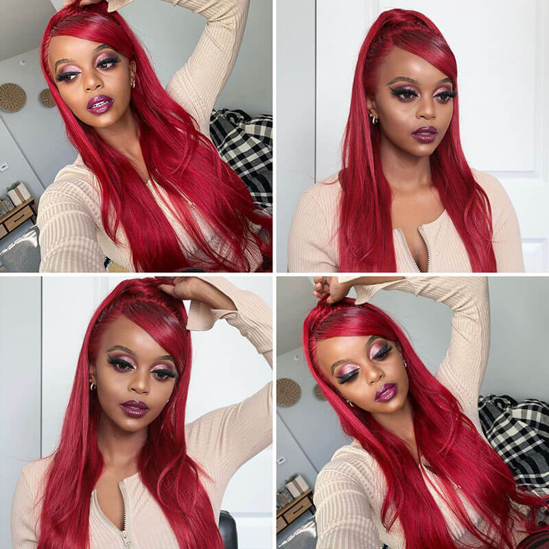 ALIGLOSSY Red Burgundy Color 13x6 Transparent Lace Front Human Hair Wig 13x4 Lace Straight Human Hair Wigs