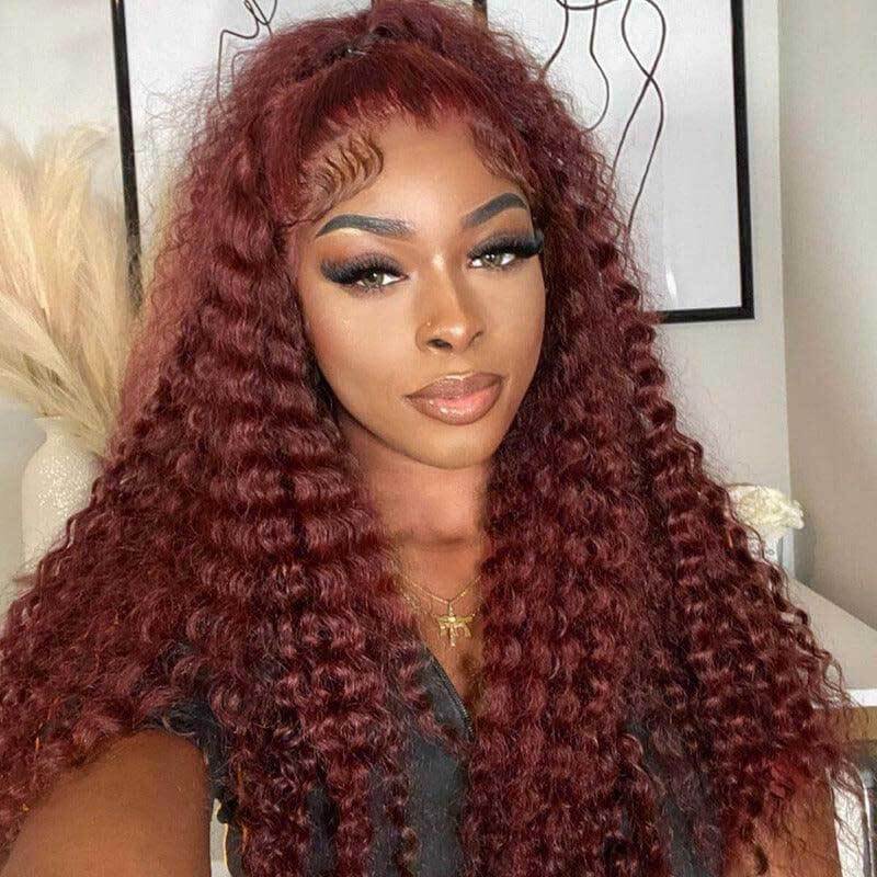 ALIGLOSSY Reddish Brown 13x4 Glueless Deep Wave Curly Human Hair Wigs