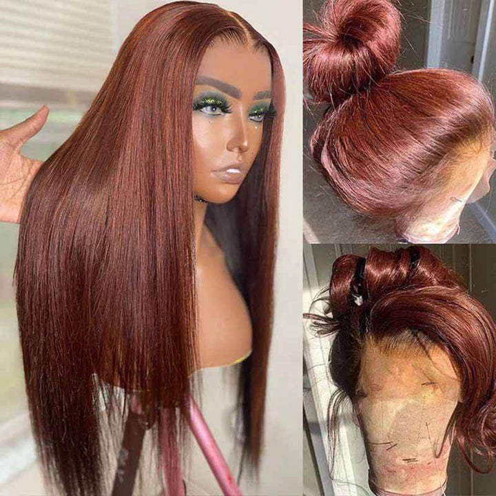 ALIGLOSSY Reddish Brown 13X4 Transparent Lace Front Straight Hair Wig