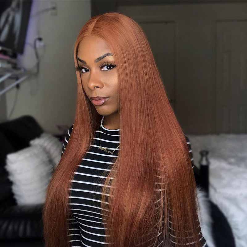 ALIGLOSSY Reddish Brown 13X4 Transparent Lace Front Straight Hair Wig