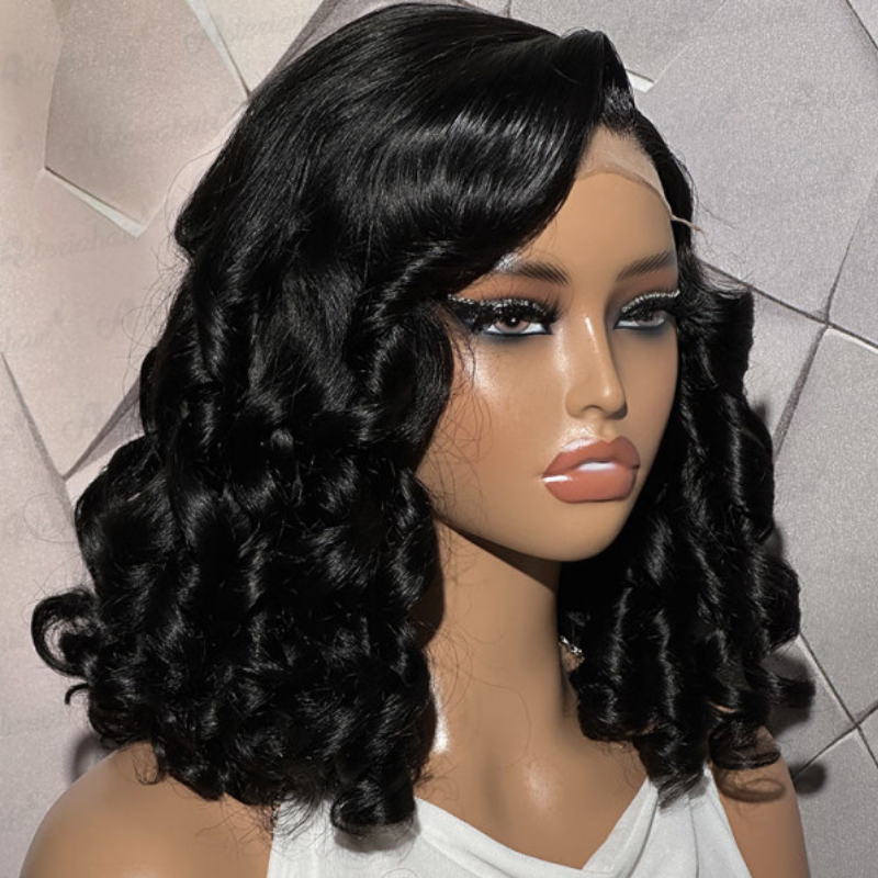 ALIGLOSSY Bouncy Full Thick Side Part Glueless Loose Wave Wig 300% Density 13x4 Lace Frontal Human Hair Wigs