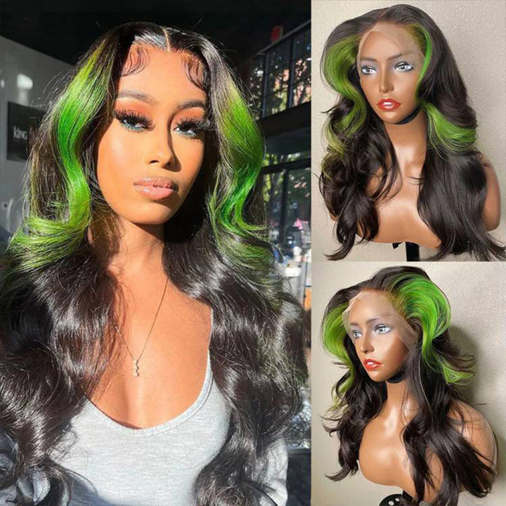 ALIGLOSSY Skunk Stripe Wig Black Hair With Green Streak Highlights 13x4 Lace Front Human Hair Wigs