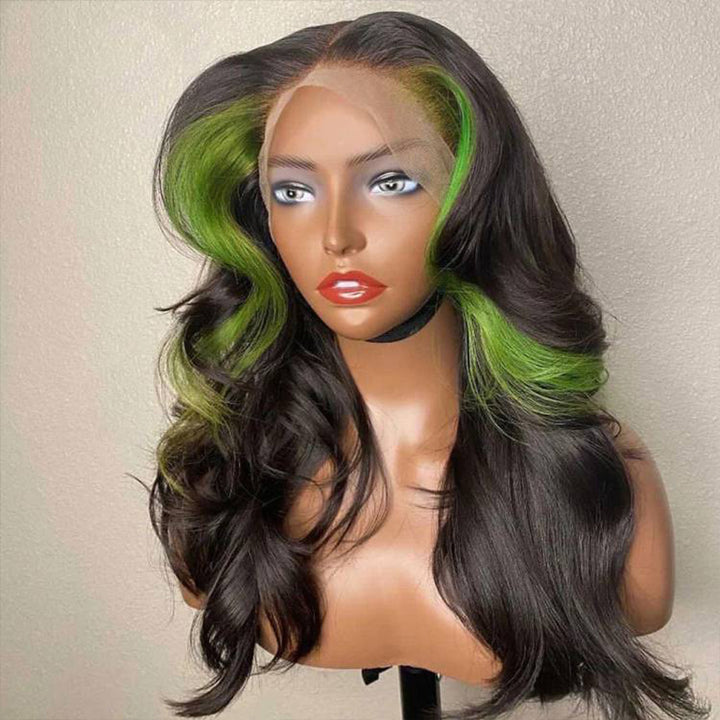 ALIGLOSSY Skunk Stripe Wig Black Hair With Green Streak Highlights 13x4 Lace Front Human Hair Wigs
