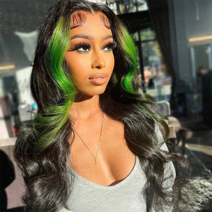 ALIGLOSSY Skunk Stripe Wig Black Hair With Green Streak Highlights 13x4 Lace Front Human Hair Wigs