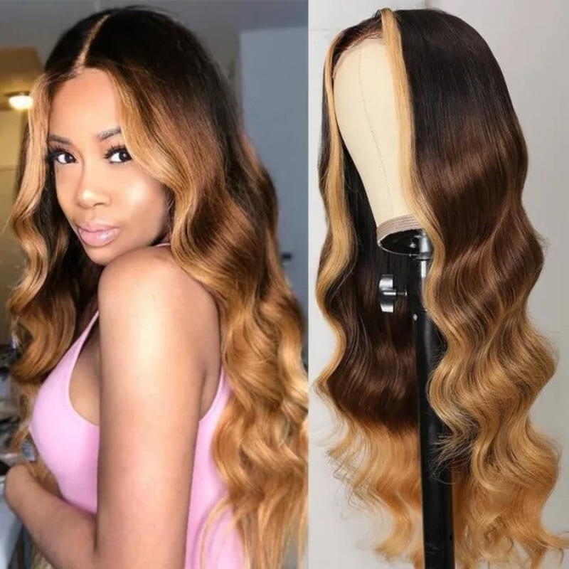 Aliglossy Skunk Stripe Ombre Brown Wand Curls Wig 13x4 Lace Front Loose Deep Wave Human Hair Wigs