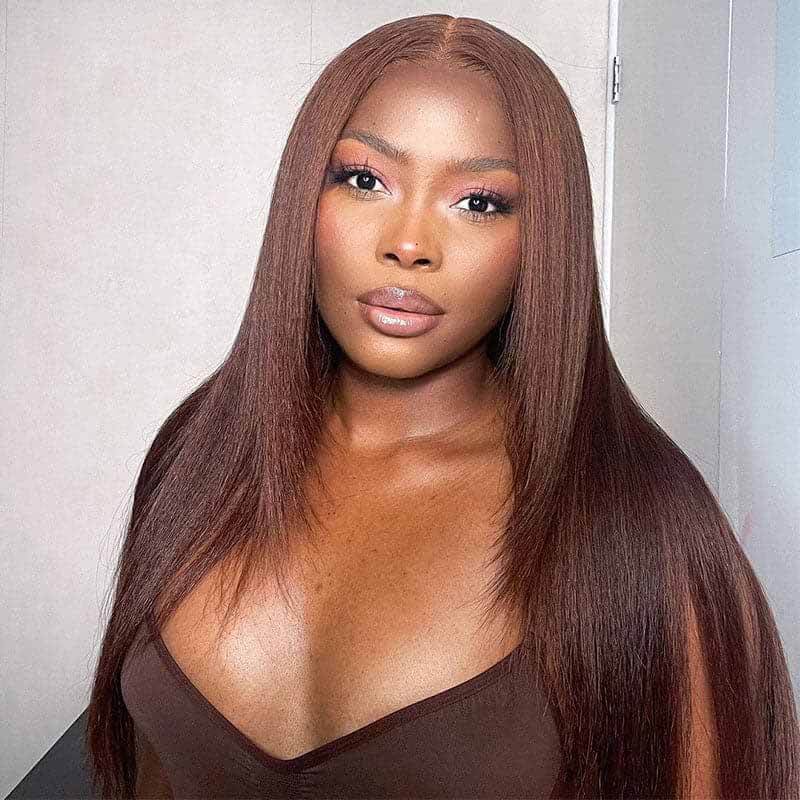 ALIGLOSSY Chocolate Brown 13x4 HD Transparent Straight Lace Front Human Hair Wigs