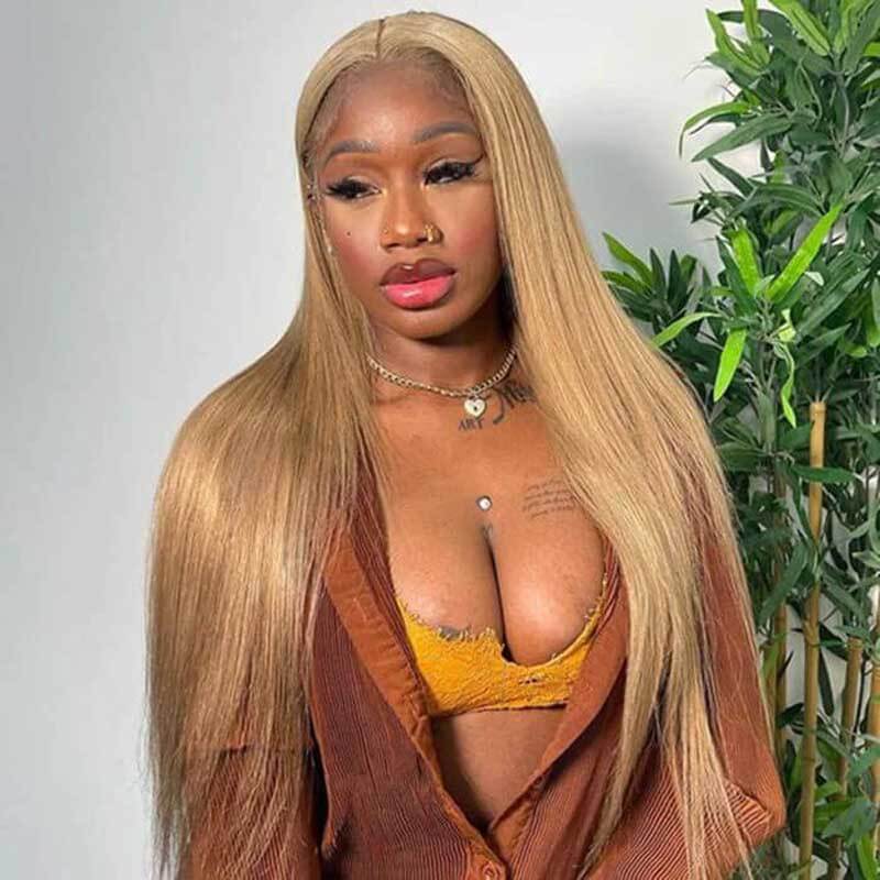 ALIGLOSSY #27 Honey Blonde 13x4 Glueless Straight Lace Front Wig HD Transparent Lace Human Hair Wigs