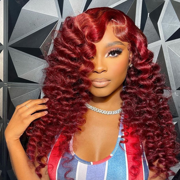 Aliglossy 250 Density Brown 99J Red Wand Curl Wig 13x4 Lace Front Loose Deep Wave Hair Wigs