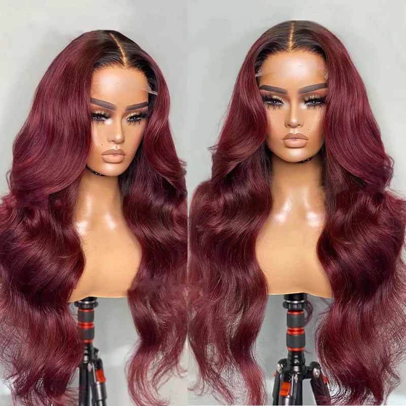 ALIGLOSSY 250% Density 1B/99J Ombre 13X4 Transparent Lace Front Body Wave Wig