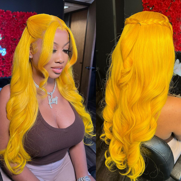 ALIGLOSSY 250 Density Neon Yellow Color 13x4 Lace Frontal Loose Wave Human Hair Wig