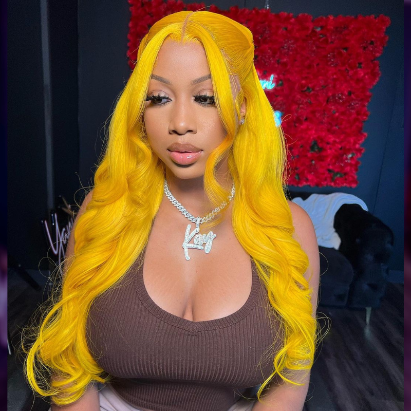 ALIGLOSSY 250 Density Neon Yellow Color 13x4 Lace Frontal Loose Wave Human Hair Wig